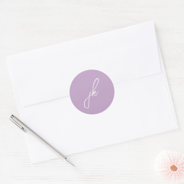 Elegant Lilac Script Monogram Wedding Classic Round Sticker (Envelope)