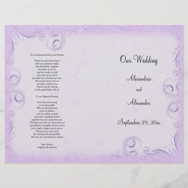 Elegant Lilac Scrollwork Wedding Program (Front)