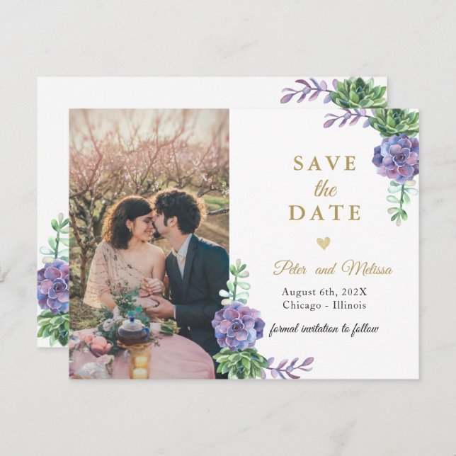 Elegant Lilac Succulents  Photo Save the Date Announcement (Front/Back)
