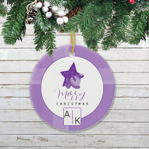 Elegant Lilac Violet Tartan Monogram Ceramic Tree Decoration