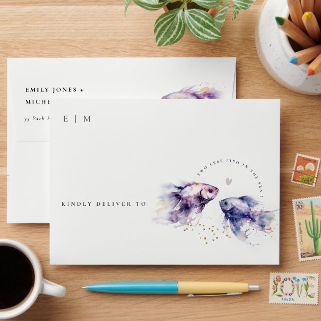 Elegant Lilac Watercolor Coastal Fish Wedding Envelope (Desk)
