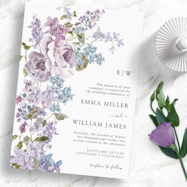 Elegant Lilac Wedding Invitation (Elegant Watercolor Lilac Wedding Invitation Monogram by Painted Paperie)