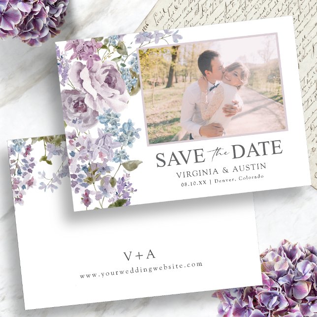 Elegant Lilac Wedding Photo Save The Date (Elegant Lilac Wedding Photo Save The Date Monogram on Back by Painted Paperie
)