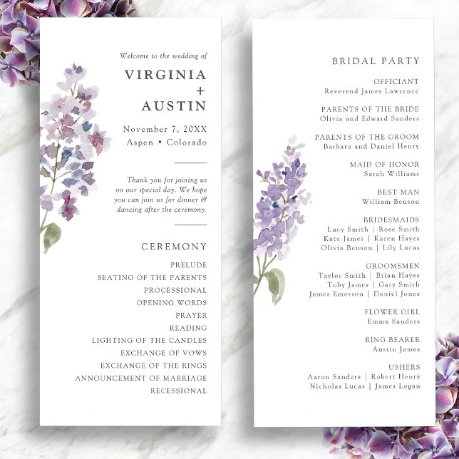 Elegant Lilac Wedding Programme (Elegant Watercolor Lilac Wedding Program by Painted Paperie
)
