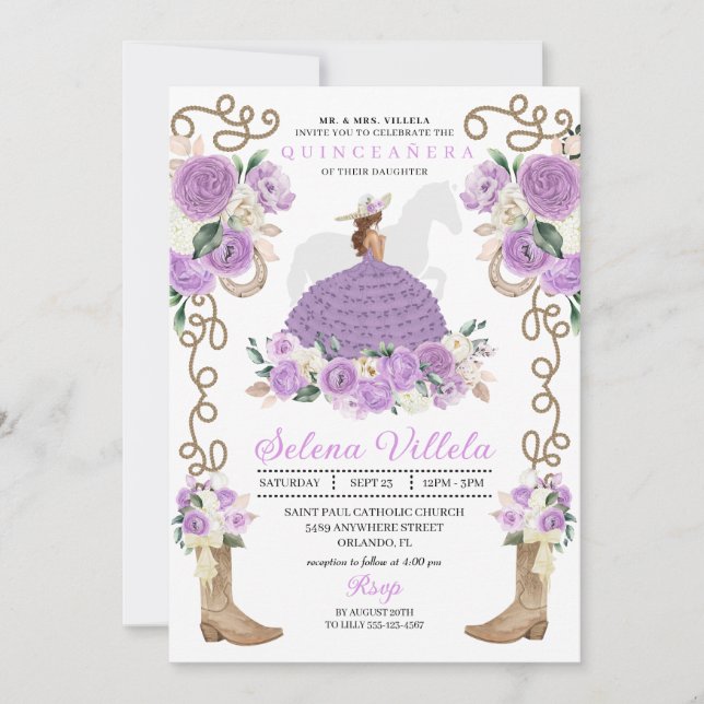 Elegant Lilac Western Charro Princess Quinceañera Invitation (Front)