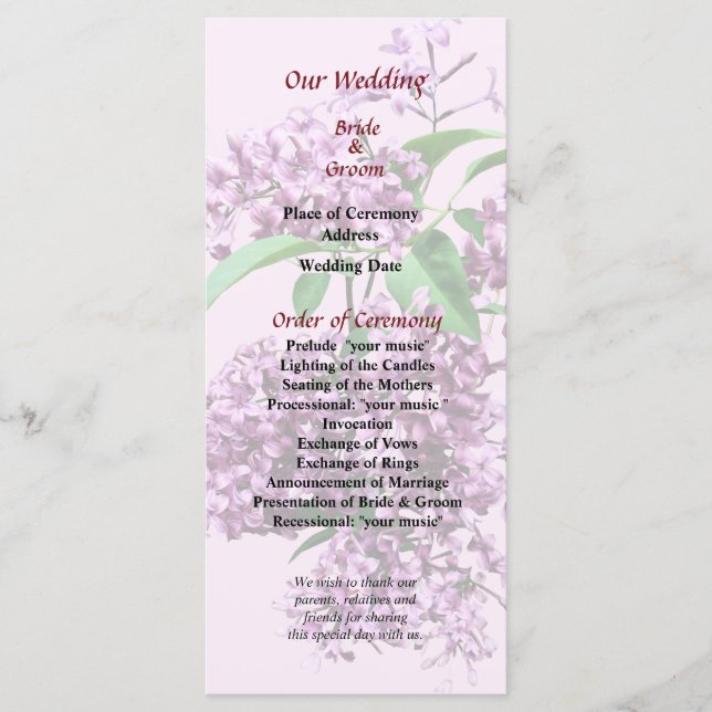 Elegant Lilacs Wedding Program Programme (Front)