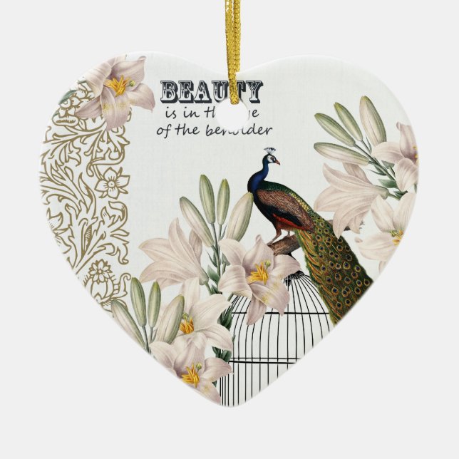 Elegant Lilies Peacock Heart Ceramic Tree Decoration (Front)
