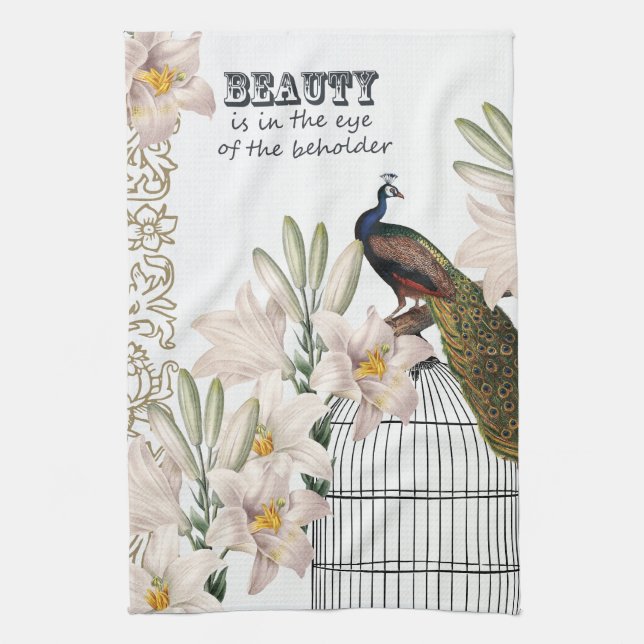 Elegant Lilies Peacock Tea Towel (Vertical)