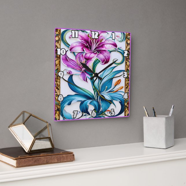 Elegant Lily Artwork With Vibrant Colours Square Wall Clock (Office)