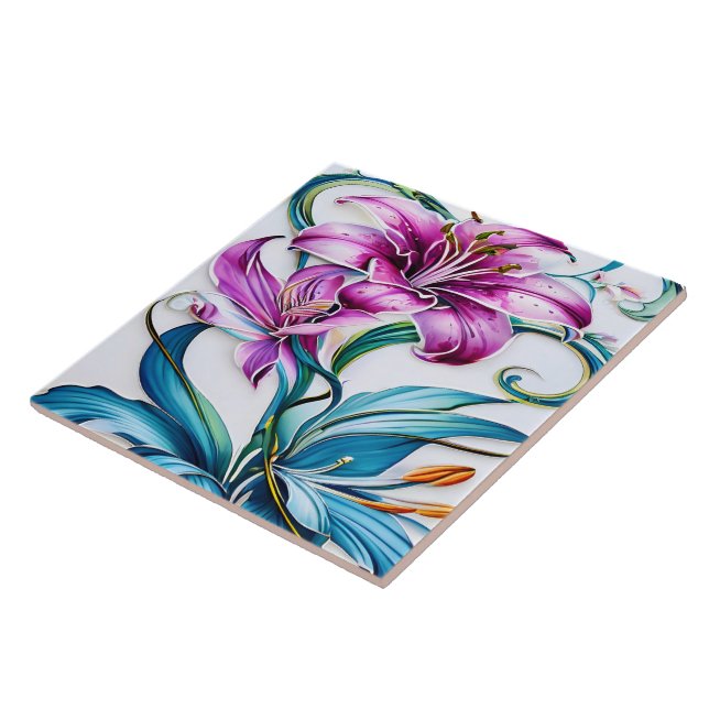 Elegant Lily Artwork With Vibrant Colours Tile (Side)