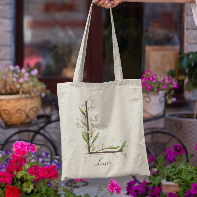Elegant Lily of the Valley Monogram L Custom Name Tote Bag (Creator Uploaded)