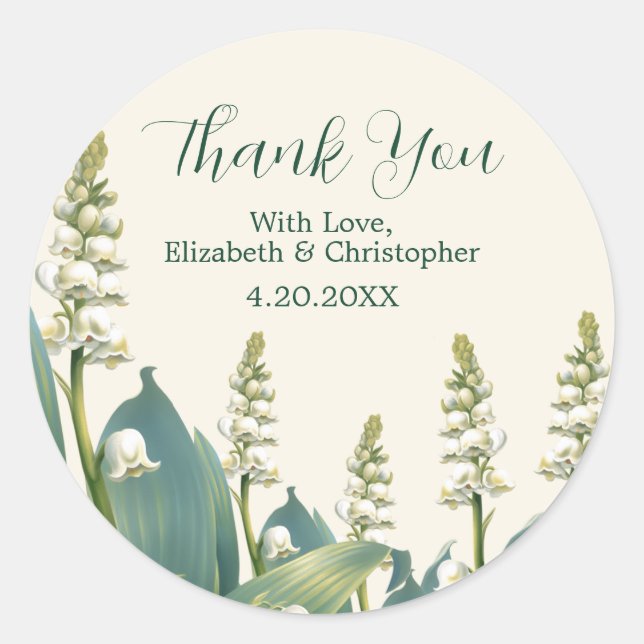 Elegant Lily of the Valley Wedding Thank You Classic Round Sticker (Front)