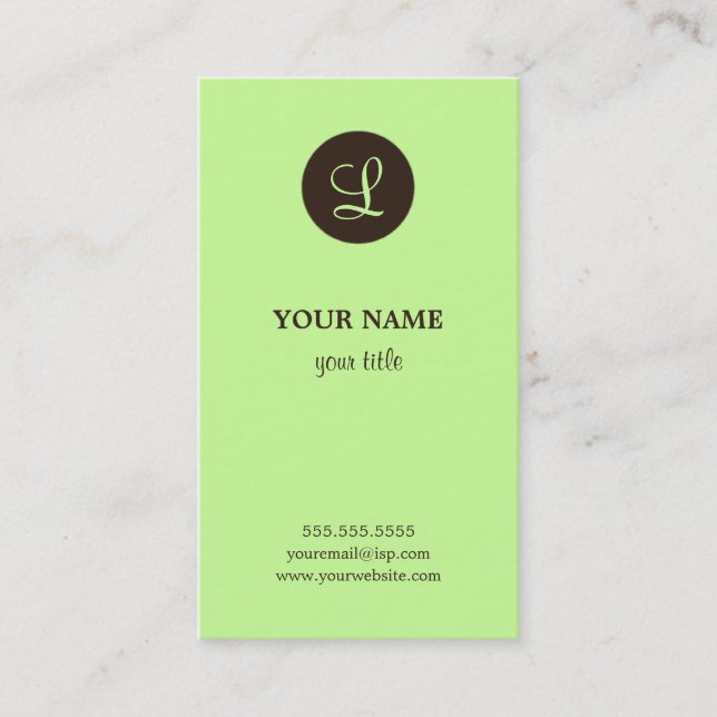 Elegant Lime & Brown Monogram Business Cards (Front)