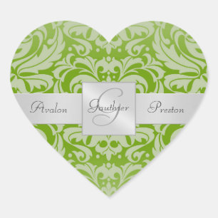 Elegant Lime Damask Heart Wedding Sticker