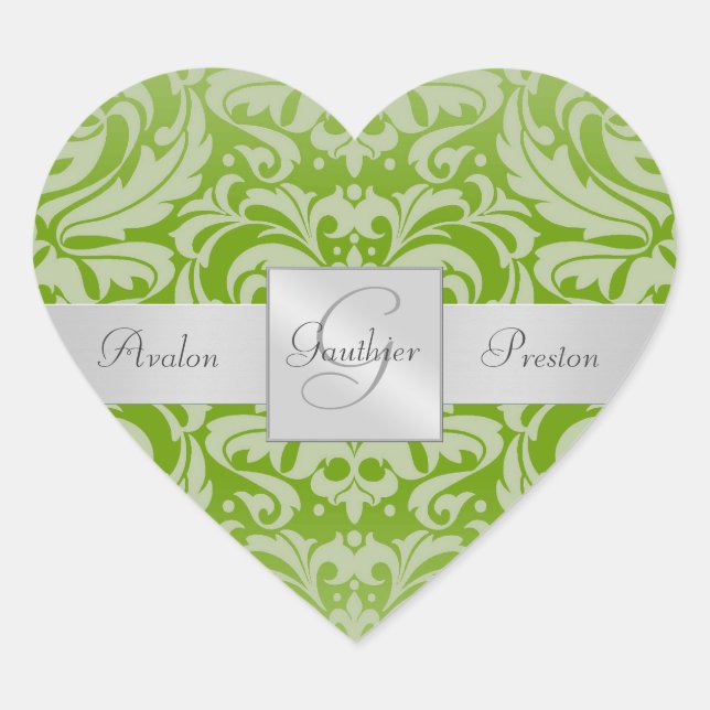 Elegant Lime Damask Heart Wedding Sticker (Front)