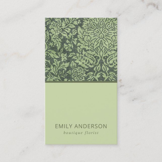 ELEGANT LIME GREEN BLACK DAMASK FLORAL PATTERN BUSINESS CARD (Front)