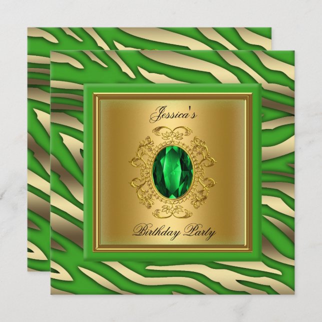 Elegant Lime Green Gold Zebra Birthday Party Invitation (Front/Back)