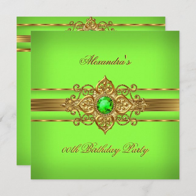 Elegant Lime Green Jewel Gold Birthday Party Invitation (Front/Back)