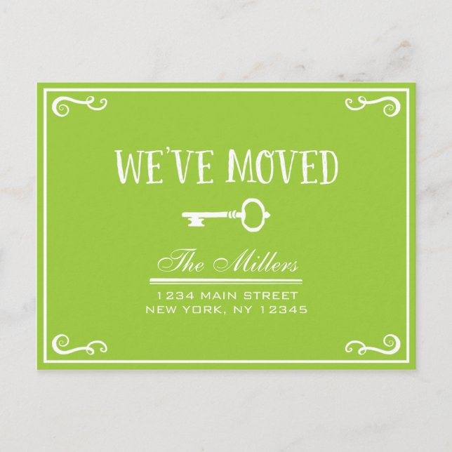 Elegant Lime Green Key Moving Announcement Postcard (Front)