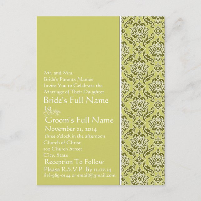Elegant  Lime & White Damask  Wedding Invitation Postcard (Front)