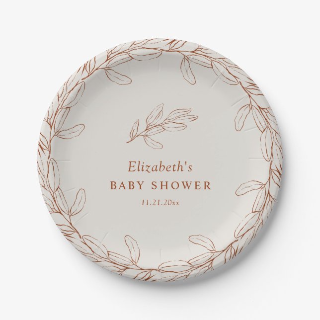 Elegant Line Art Botanical Baby Shower Paper Plate (Front)