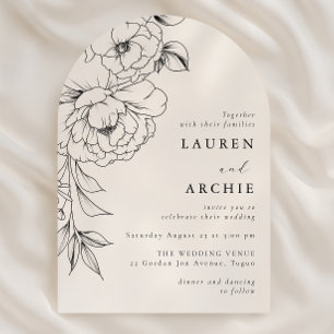 Elegant Line Art Floral Black & White Wedding Invitation