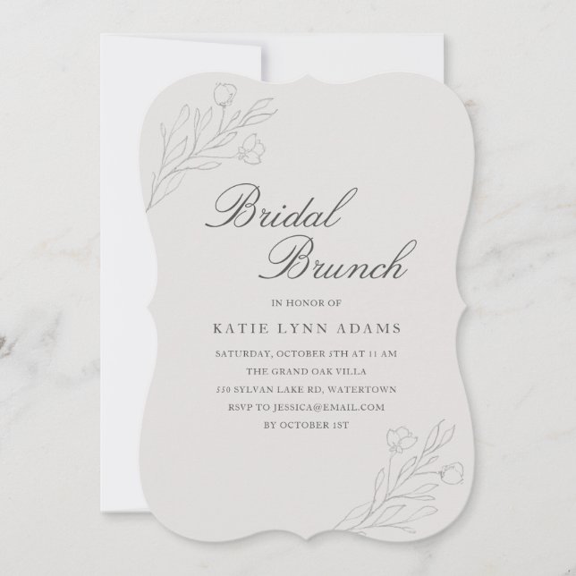 Elegant Line Art Floral Grey Bridal Brunch Invitation (Front)