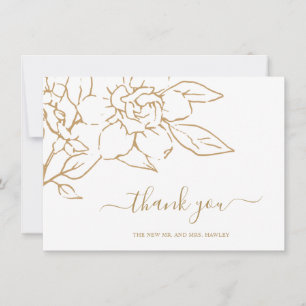 Elegant Line Art Magnolia Floral Gold Wedding Thank You Card