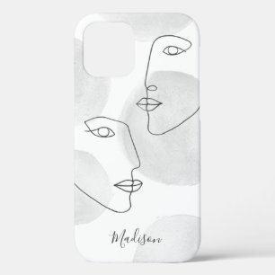 Elegant Line Drawing Faces Grey iPhone 12 Case