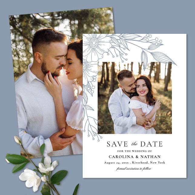Elegant Line Drawn Floral Blue 2 Photo Wedding Save The Date (Creator Uploaded)