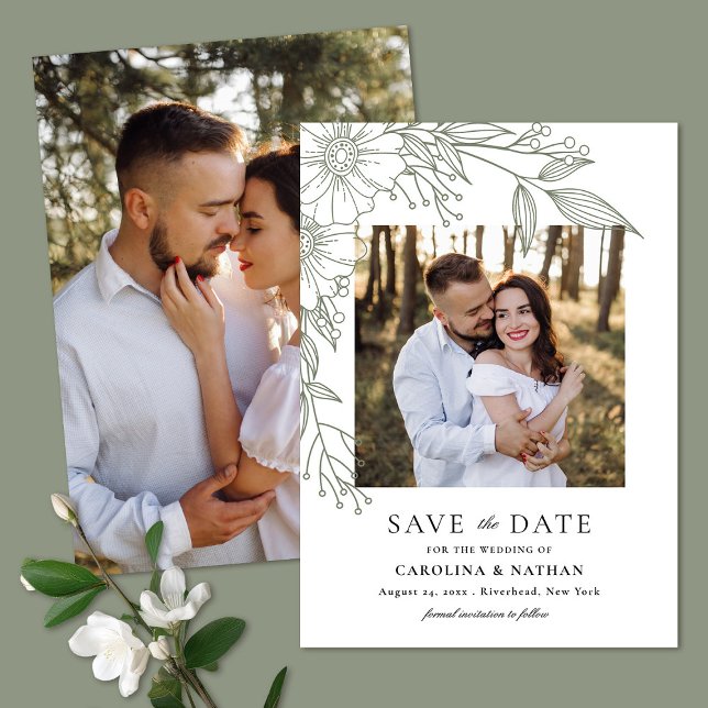 Elegant Line Drawn Floral Sage 2 Photo Wedding Save The Date (Creator Uploaded)