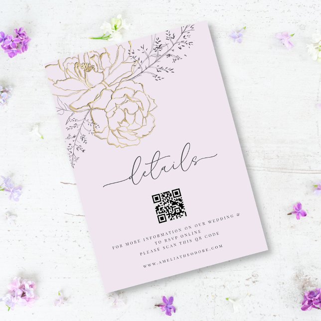 Elegant Line Floral Lilac Gold Wedding Details Enclosure Card (Creator Uploaded)