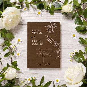 Elegant Line Floral Linen Espresso Brown Wedding Invitation