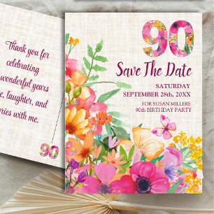 Elegant Linen 90th Birthday Floral Garden Announcement Postcard