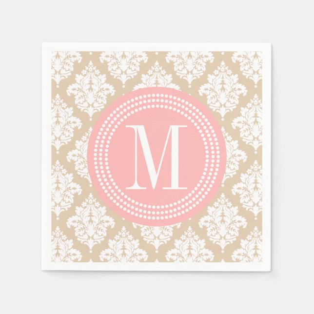 Elegant Linen Beige Damask Personalised Napkin (Front)