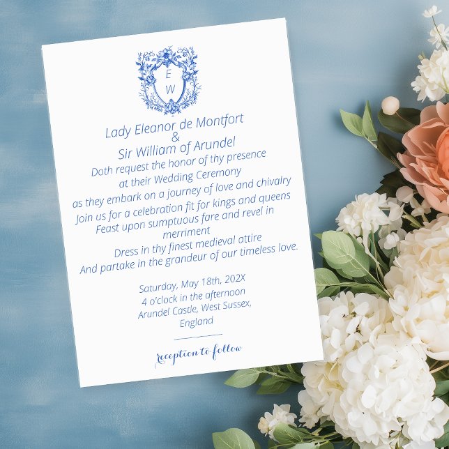 Elegant Linen Blue Crest Monogram Wedding  Invitation (Elegant blue and white crest initials wedding invitation)