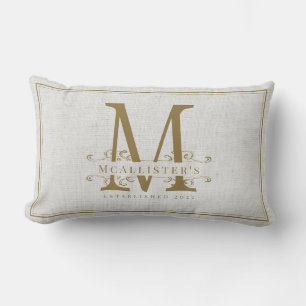 Elegant Linen Gold Monogram Family Establish Year Lumbar Cushion