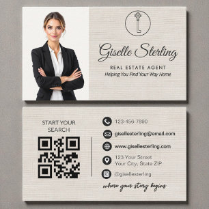 Elegant Linen Photo Real Estate Agent QR Code  Business Card