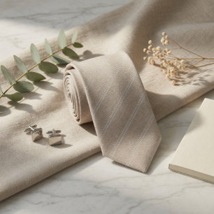 Elegant Linen Stripe Neutral Beige Tie