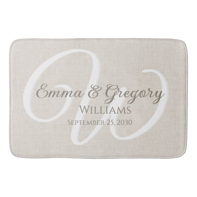 Elegant Linen White Monogram Bath Mat (Front)