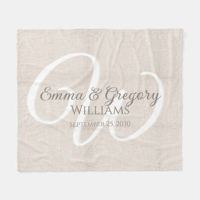 Elegant Linen White Monogram Fleece Blanket (Front (Horizontal))