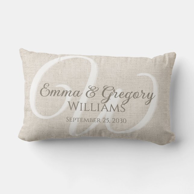 Elegant Linen White Monogram Lumbar Cushion (Back)