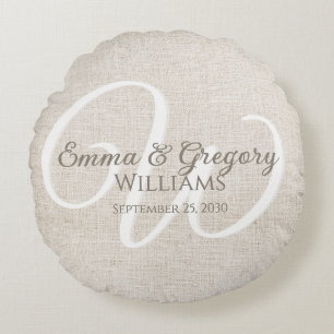 Elegant Linen White Monogram Round Cushion