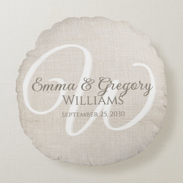 Elegant Linen White Monogram Round Cushion (Front)