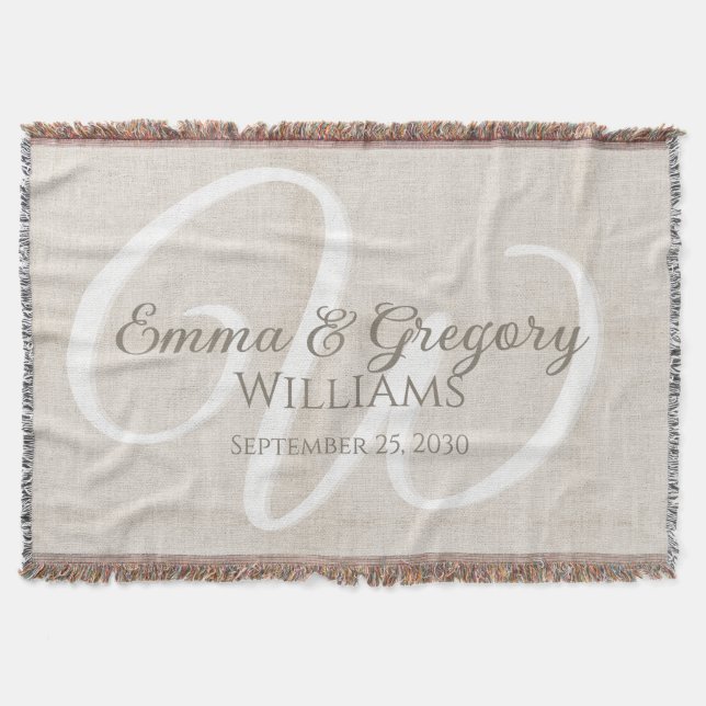 Elegant Linen White Monogram Throw Blanket (Front)