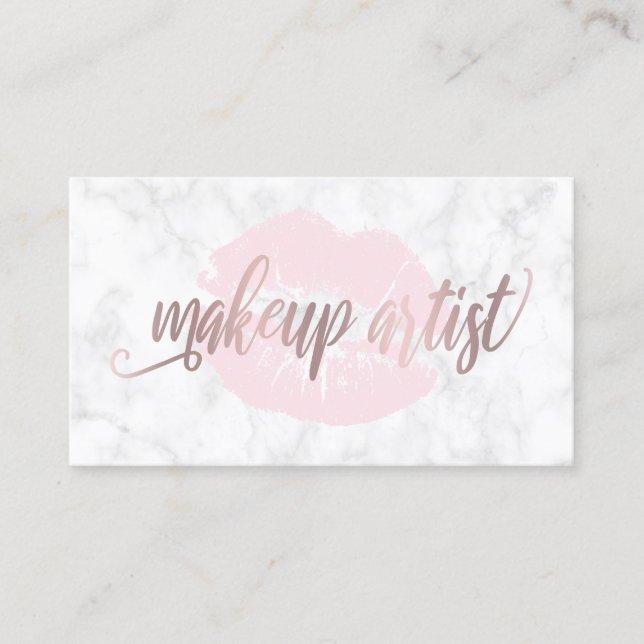 Elegant lips white marble rose gold makeup artist business card (Front)