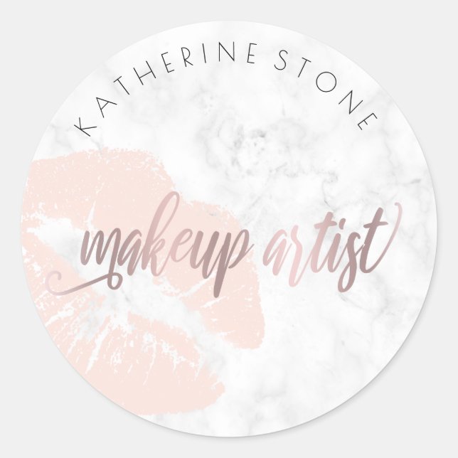 Elegant lips white marble rose gold makeup artist classic round sticker (Front)