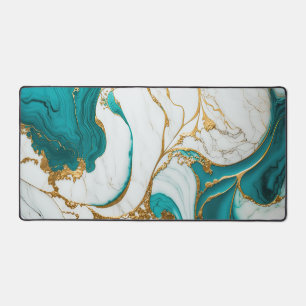 Elegant Liquid Marble Modern White Teal Gold Desk Mat