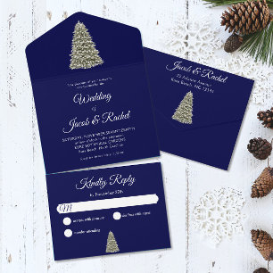 Elegant Lit Christmas Tree Midnight Blue Wedding All In One Invitation