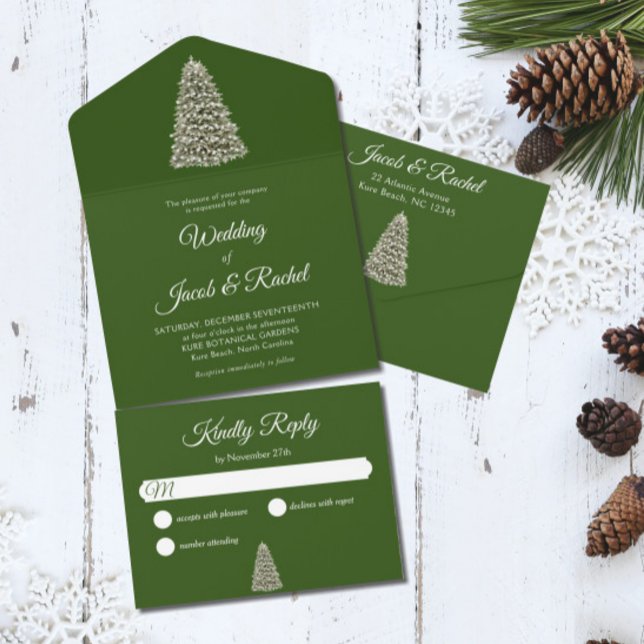 Elegant Lit Christmas Tree on Dark Green Wedding All In One Invitation (Creator Uploaded)